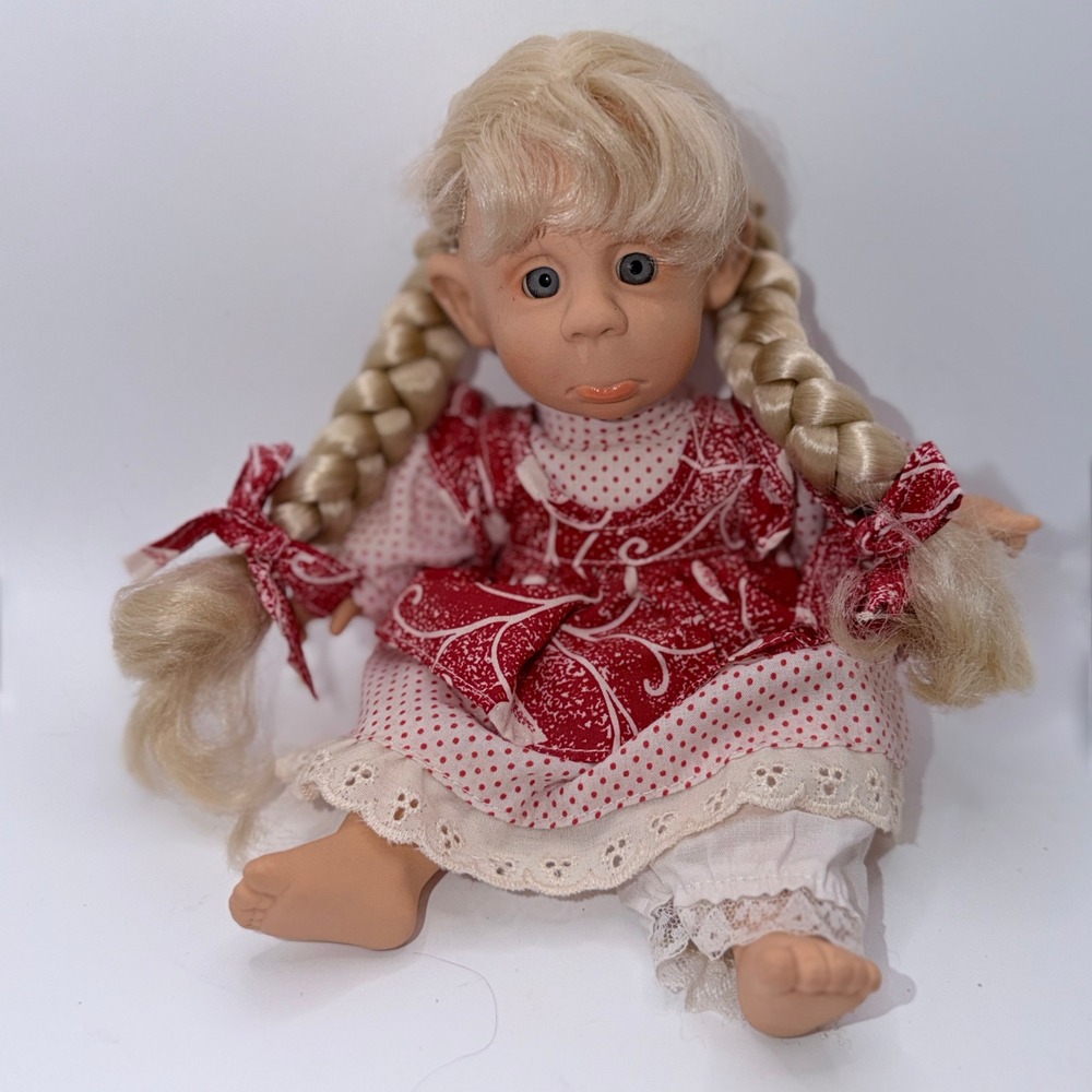 GiGo My Pals 12" Vintage Style Troll Doll Blonde Braids Red Dress Cottagecore